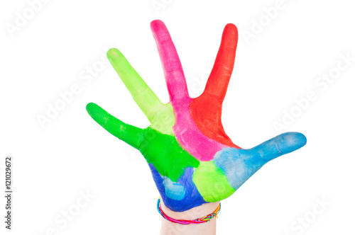 Children's hand painted with colorful paint on a white background