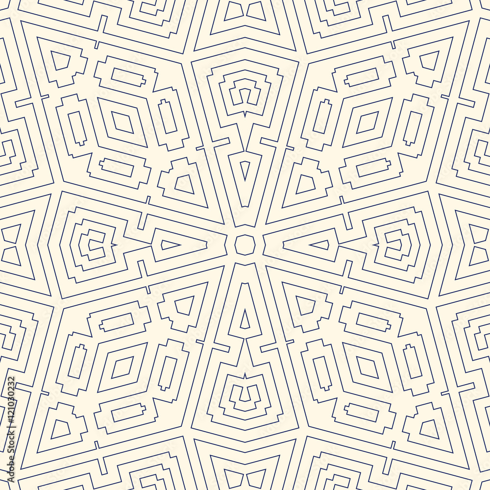 Outline ethnic abstract background. Seamless pattern with symmetric geometric ornament.