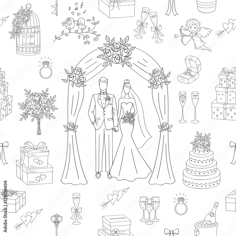 Wedding vector seamless background with hand drawn icons bride and groom under wedding arch, cupid, cake, bouquet, gift box, birdcage, engagement ring, champagne. Wedding vector seamless background with hand drawn icons bride and groom under wedding arch, cupid, cake, bouquet, gift box, birdcage, engagement ring, champagne.
