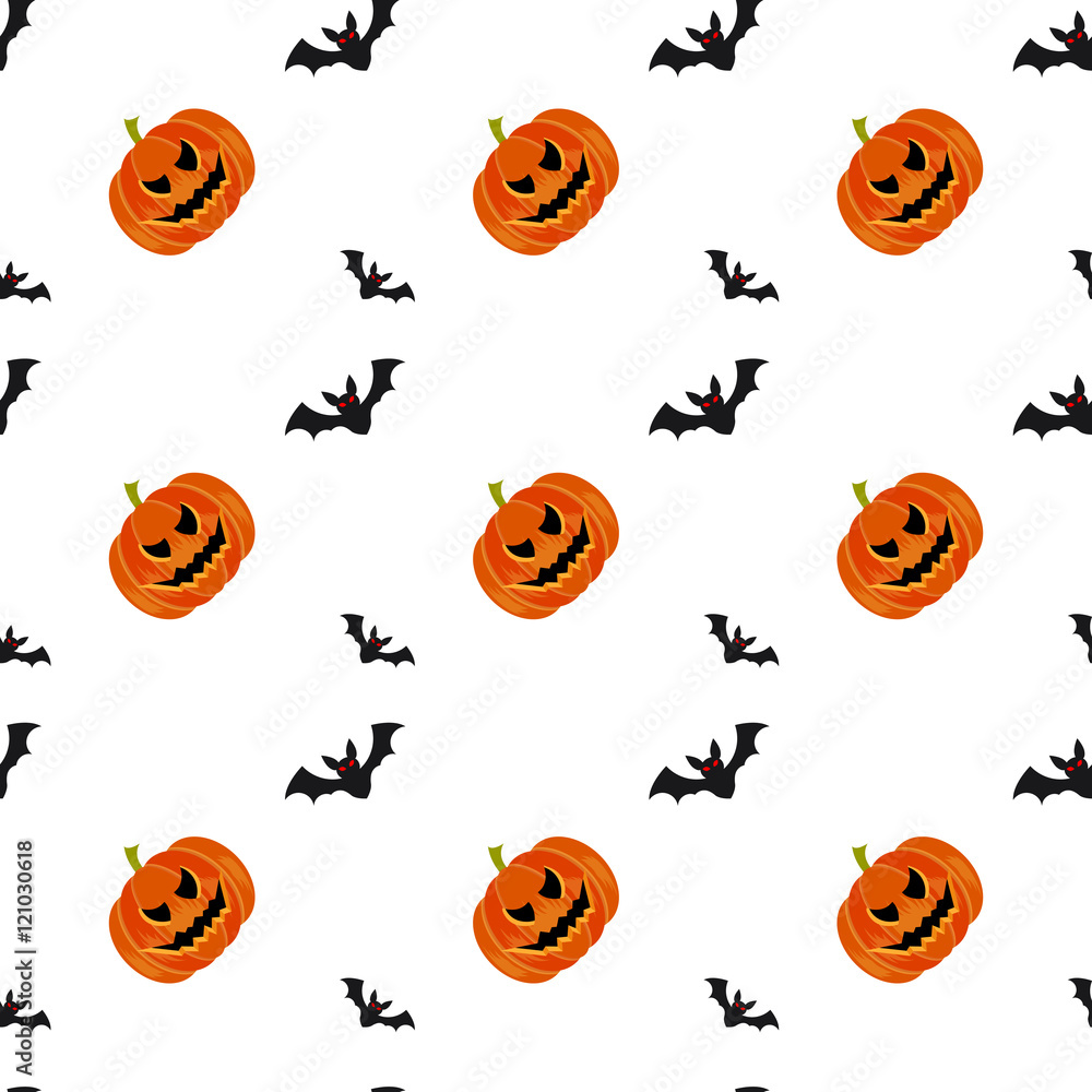 Halloween symbols pumpkin and bats seamless pattern on white background, trendy flat style illustration. Cute fun evil smiling october pumpkins, jack-o'-lantern sign Halloween symbols pumpkin and bats seamless pattern on white background, trendy flat style illustration. Cute fun evil smiling october pumpkins, jack-o'-lantern sign