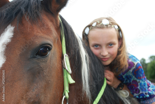 TRAKEHNER PINTO MIX HORSE WITH YOUNG GIRL HORSEBACK RIDING