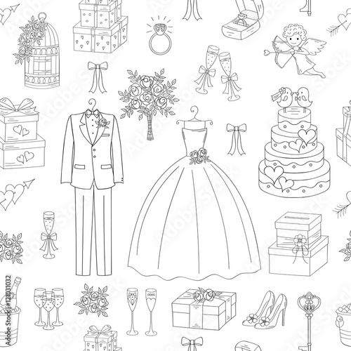 Wedding vector seamless background with hand drawn icons wedding dress, suit, cake, cupid angel, bouquet, engagement ring, shoes, gift box, birdcage, champagne, key.