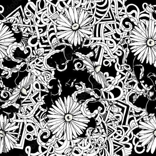 Seamless monochrome pattern with flowers and abstract motifs