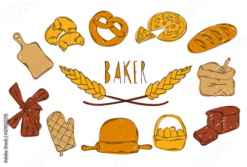 Colourful childrens illustration with a pencil. The collection of linear hand drawn icons.Baking icons. Vector