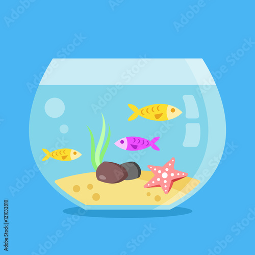 Aquarium with fish, seaweed, starfish, sand and stones. Minimal design round fish tank isolated on blue background. Flat vector illustration