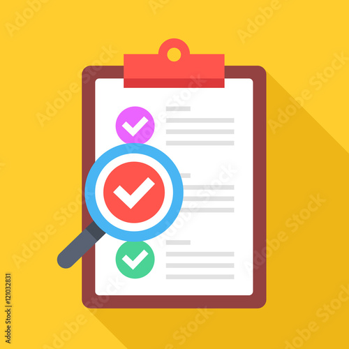 Clipboard with colorful checkmarks and magnifying glass. Modern flat design elements. Vector illustration