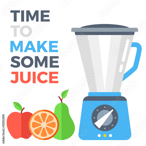 Time to make some juice concept. Food processor and fruits. Apple, orange and pear. Flat design vector illustration