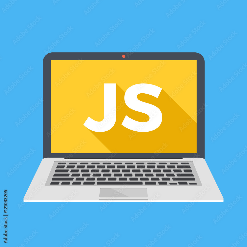 Laptop with JS word on screen. Learn Javascript, web development, coding, programming concepts. Trendy long shadow flat design. Colorful creative graphic elements. Vector illustration Laptop with JS word on screen. Learn Javascript, web development, coding, programming concepts. Trendy long shadow flat design. Colorful creative graphic elements. Vector illustration