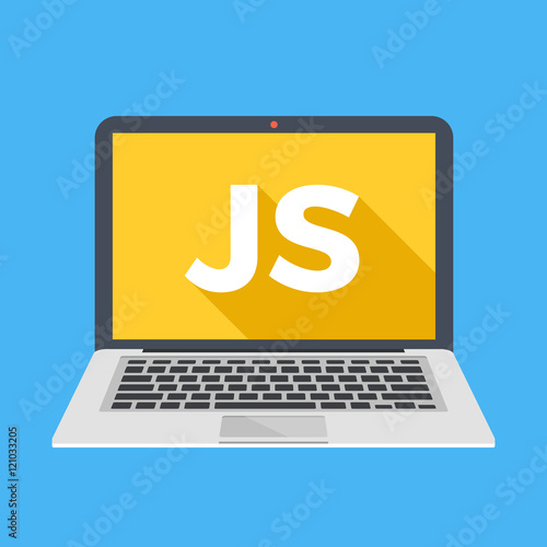 Laptop with JS word on screen. Learn Javascript, web development, coding, programming concepts. Trendy long shadow flat design. Colorful creative graphic elements. Vector illustration photo