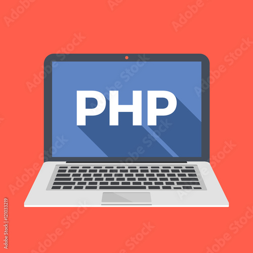 Laptop with PHP word on screen. Learn PHP and back-end web development, coding, programming concepts. Trendy long shadow flat design. Colorful creative graphic elements. Vector illustration