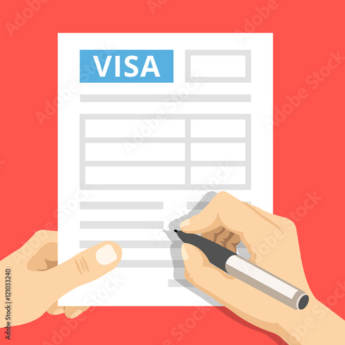 Man hands filling out visa application. Hand holds visa application and hand holds pen. Modern concepts. Creative flat design vector illustration