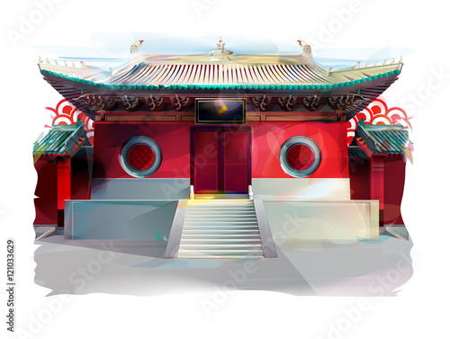 Chinese Temple. Watercolor Illustration
