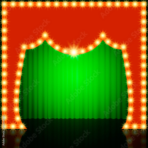 Empty retro stage with green curtain