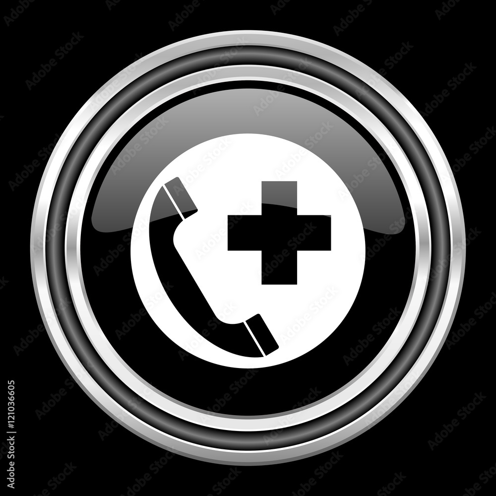 emergency call silver chrome metallic round web icon on black background emergency call silver chrome metallic round web icon on black background