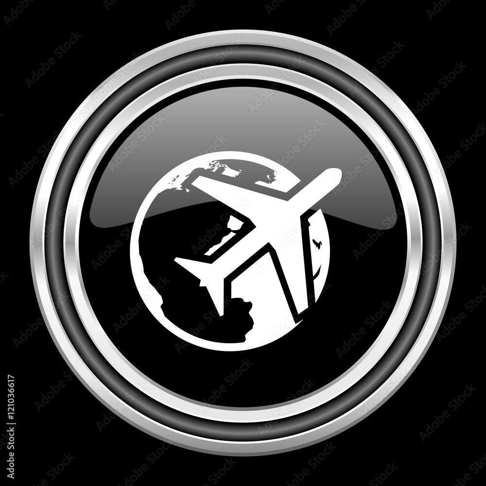 travel silver chrome metallic round web icon on black background travel silver chrome metallic round web icon on black background