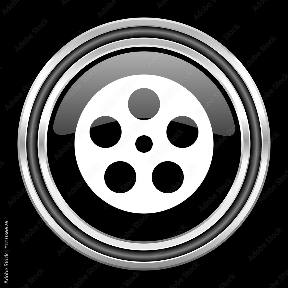 film silver chrome metallic round web icon on black background film silver chrome metallic round web icon on black background
