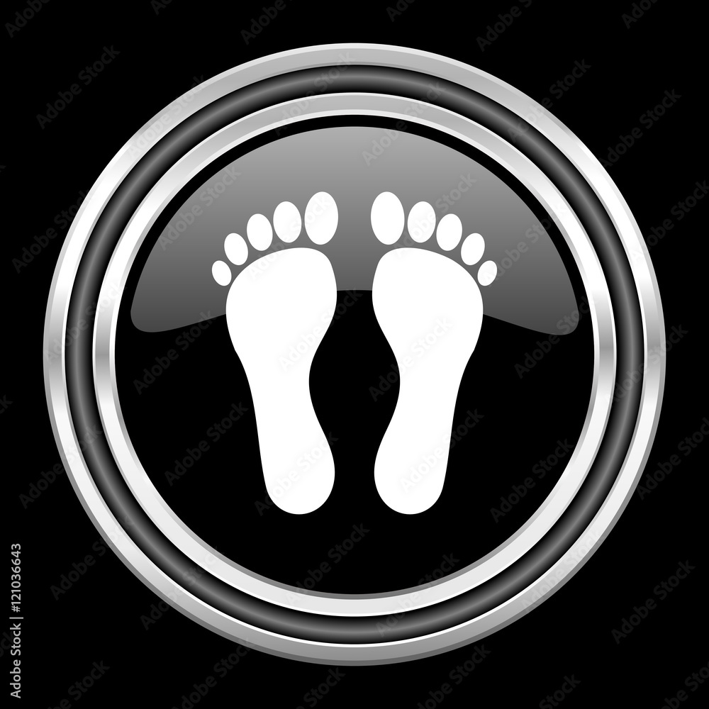 foot silver chrome metallic round web icon on black background foot silver chrome metallic round web icon on black background