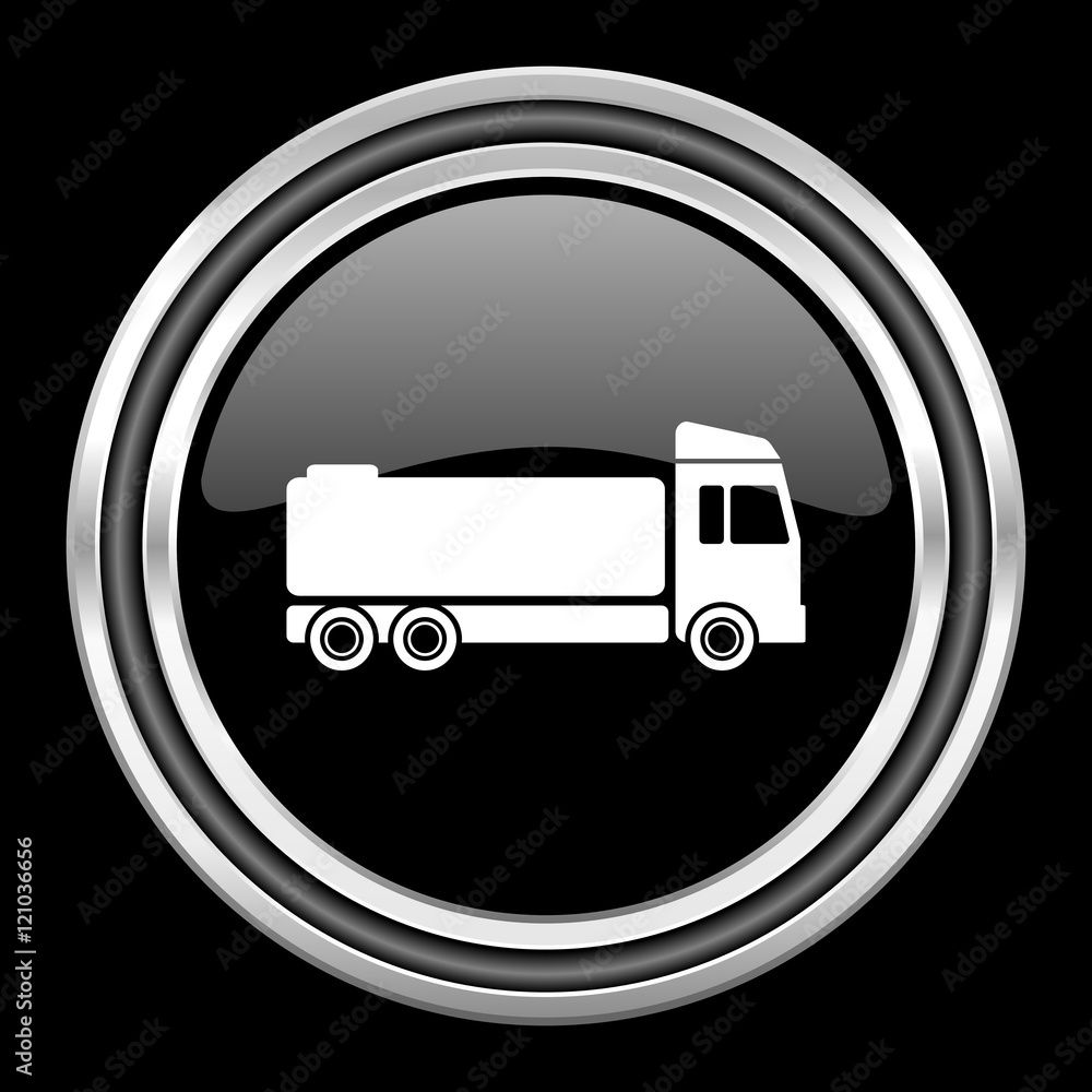 truck silver chrome metallic round web icon on black background truck silver chrome metallic round web icon on black background