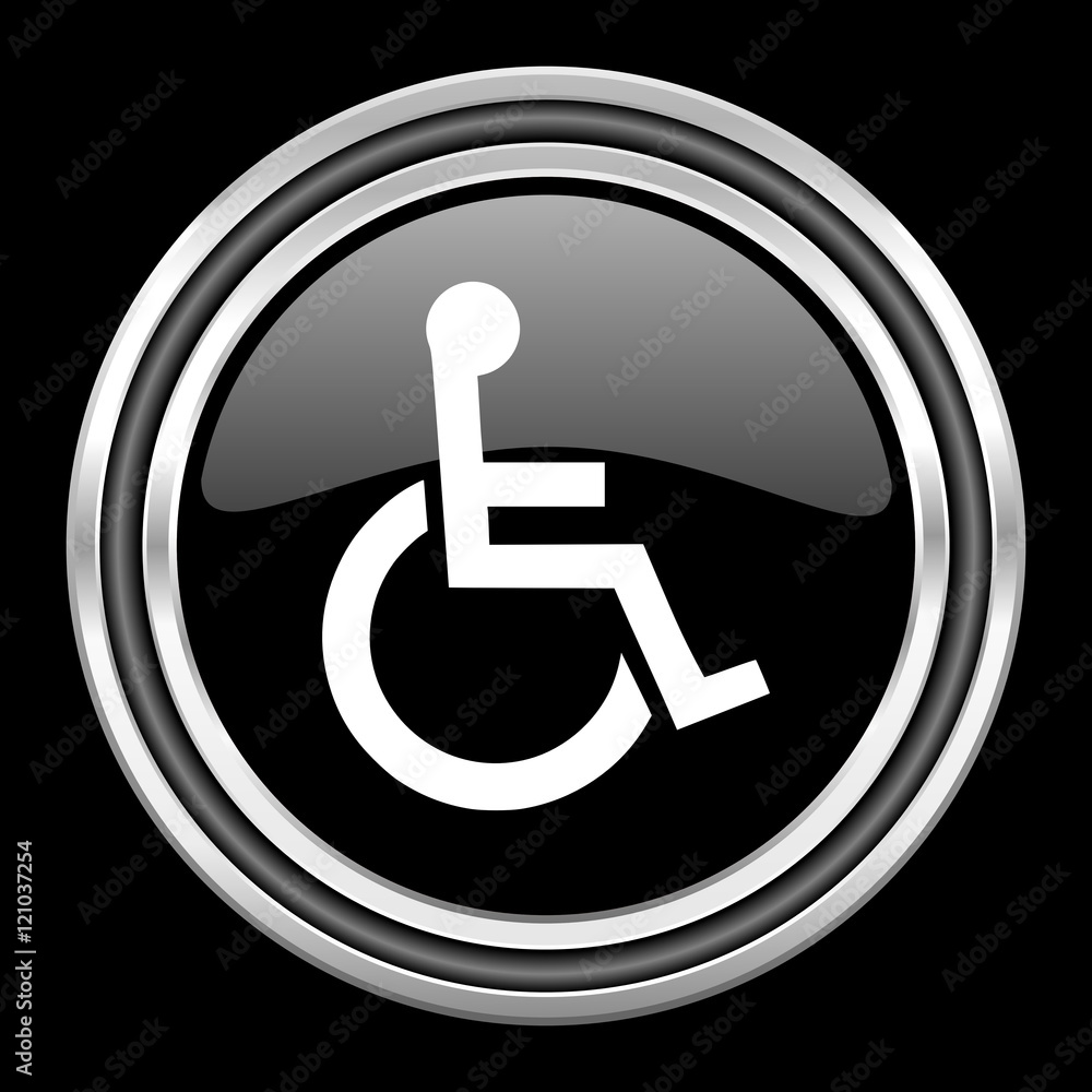 wheelchair silver chrome metallic round web icon on black background wheelchair silver chrome metallic round web icon on black background