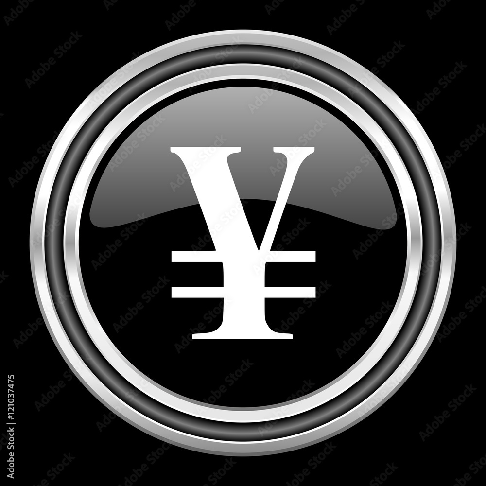 yen silver chrome metallic round web icon on black background yen silver chrome metallic round web icon on black background