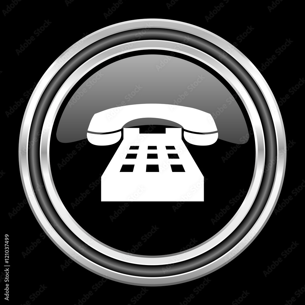 phone silver chrome metallic round web icon on black background phone silver chrome metallic round web icon on black background