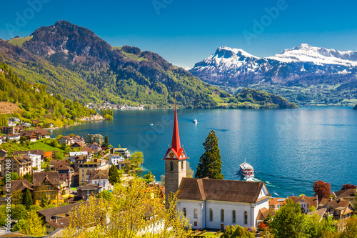 Famous boats on lake Lucerne in Weggis, Switzerland photo