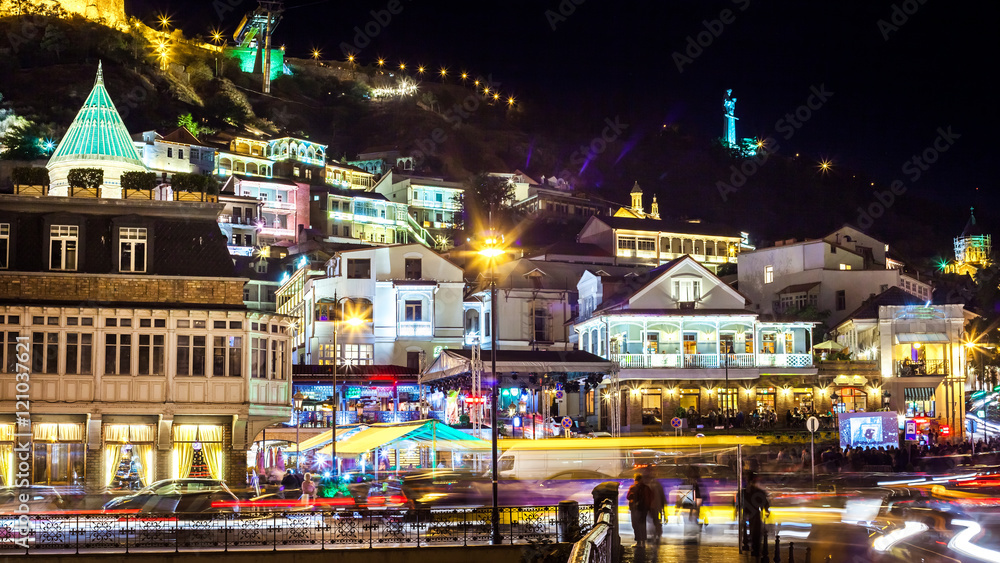 Obraz premium night view of Traditional wooden carving balconies in Sololaki o