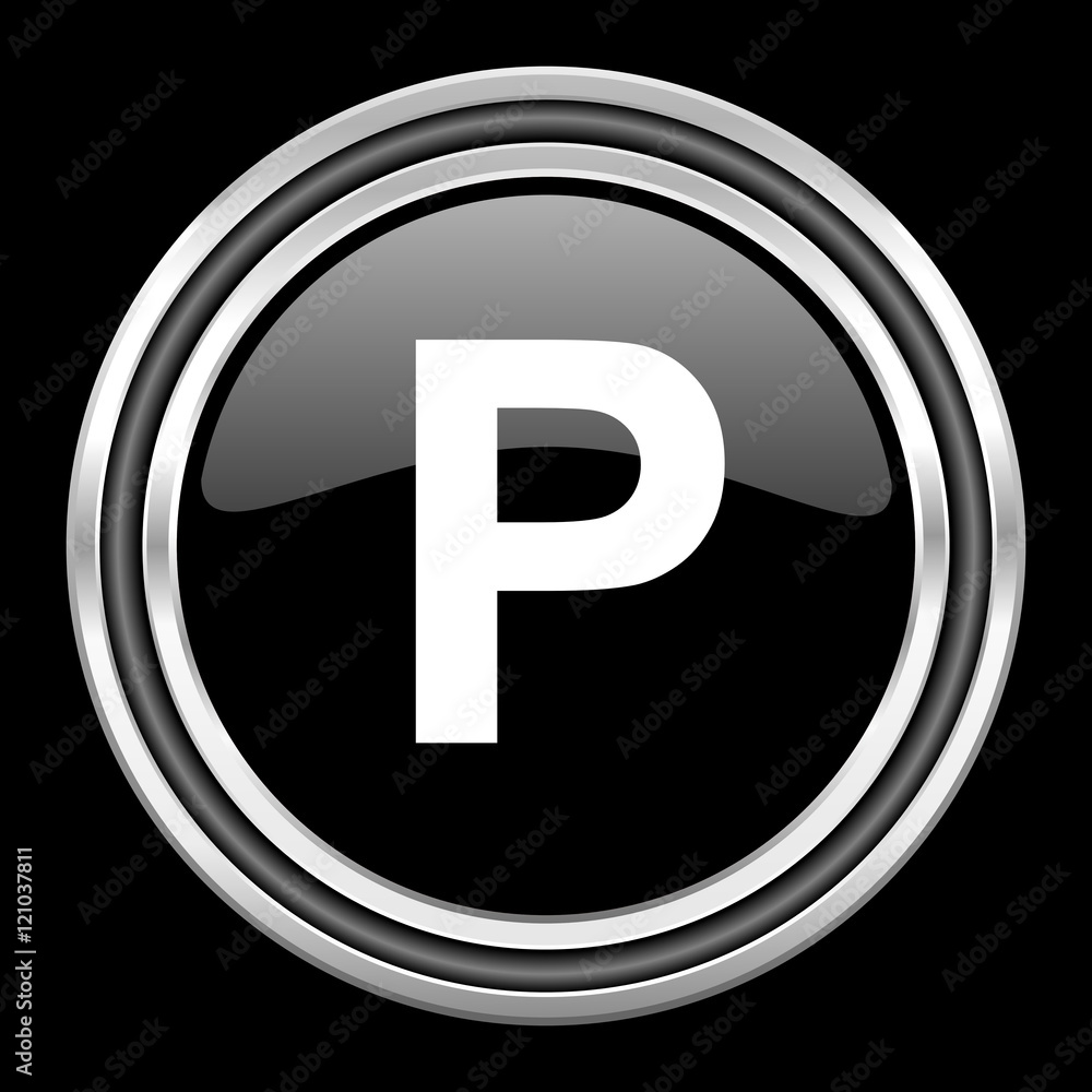 parking silver chrome metallic round web icon on black background parking silver chrome metallic round web icon on black background