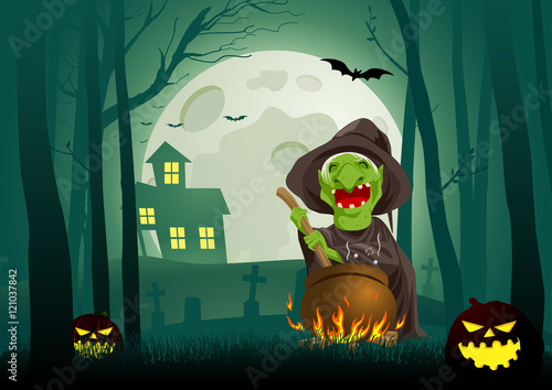 Witch stirring concoction in the cauldron in the dark scary woods, vector cartoon illustration.