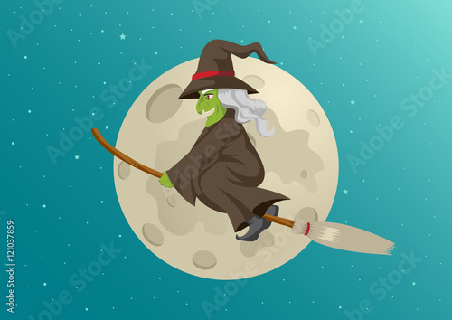 Cartoon of a witch flying with her broom during full moon
