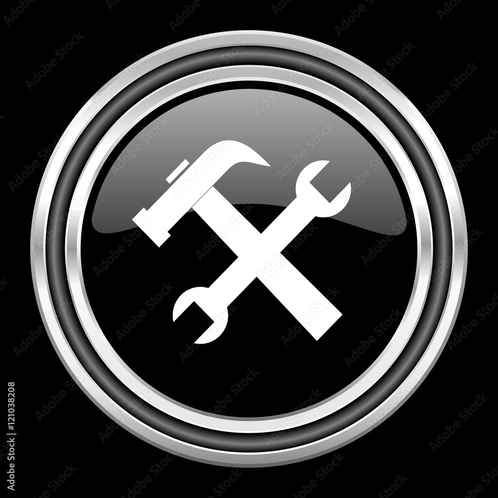 tool silver chrome metallic round web icon on black background tool silver chrome metallic round web icon on black background