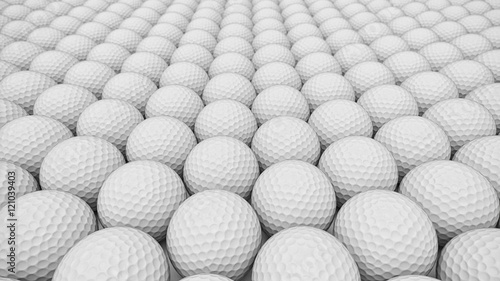 An ordered array of golf balls under neat studio lighting.