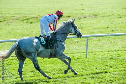 Jockey on grey race horse running down the track © Gabriel Cassan