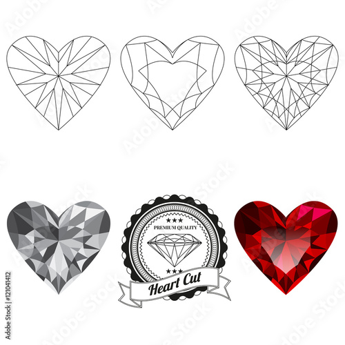 Set of heart cut jewel views isolated on white background - top view, bottom view, realistic ruby, realistic diamond and badge. Can be used as part of logo, icon, web decor or other design.