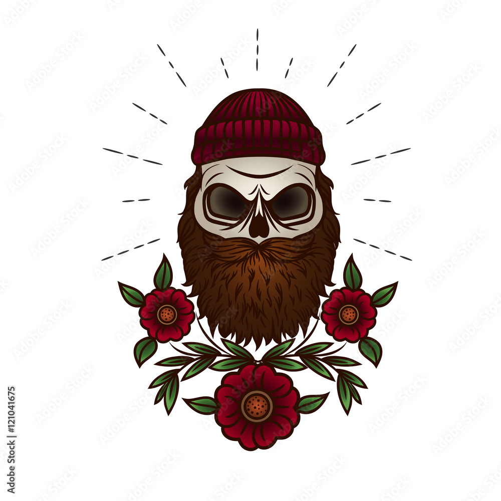 Tattoo skull man. Vector print in hipster style. Vector skull with beard  and flowers. Stock Illustration | Adobe Stock