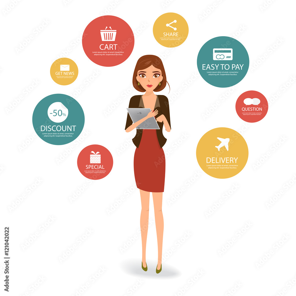 Business woman character shopping online with tablet. Online mar Business woman character shopping online with tablet. Online mar