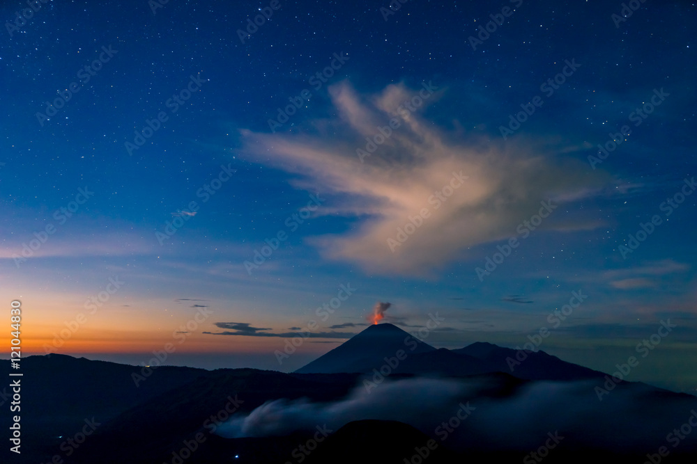 Sunrise at Mount Bromo volcano, the magnificent view of Mt. Brom