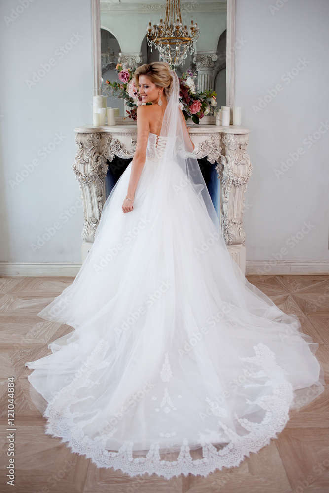 Charming young bride in luxurious wedding dress. Pretty girl, photo Studio