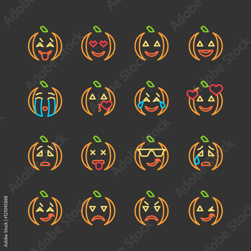 Halloween flat and line emoticon face icons set.