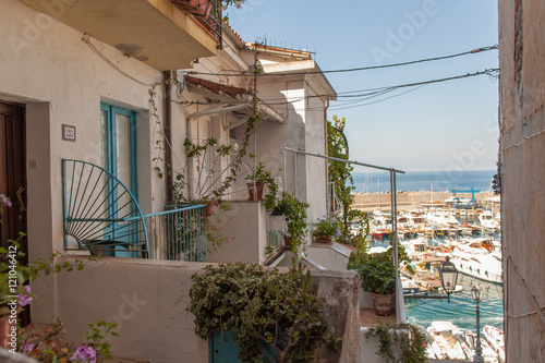 View from the terrace to the port of Lipari