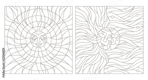 Set contour illustration of stained glass Windows with the heavenly bodies