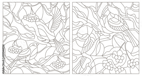 Set contour illustration of stained glass with winter birds bullfinches and cardinals on branches of a mountain ash