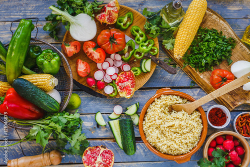 Farm fresh vegetables with bulgur bowl. Top view. 