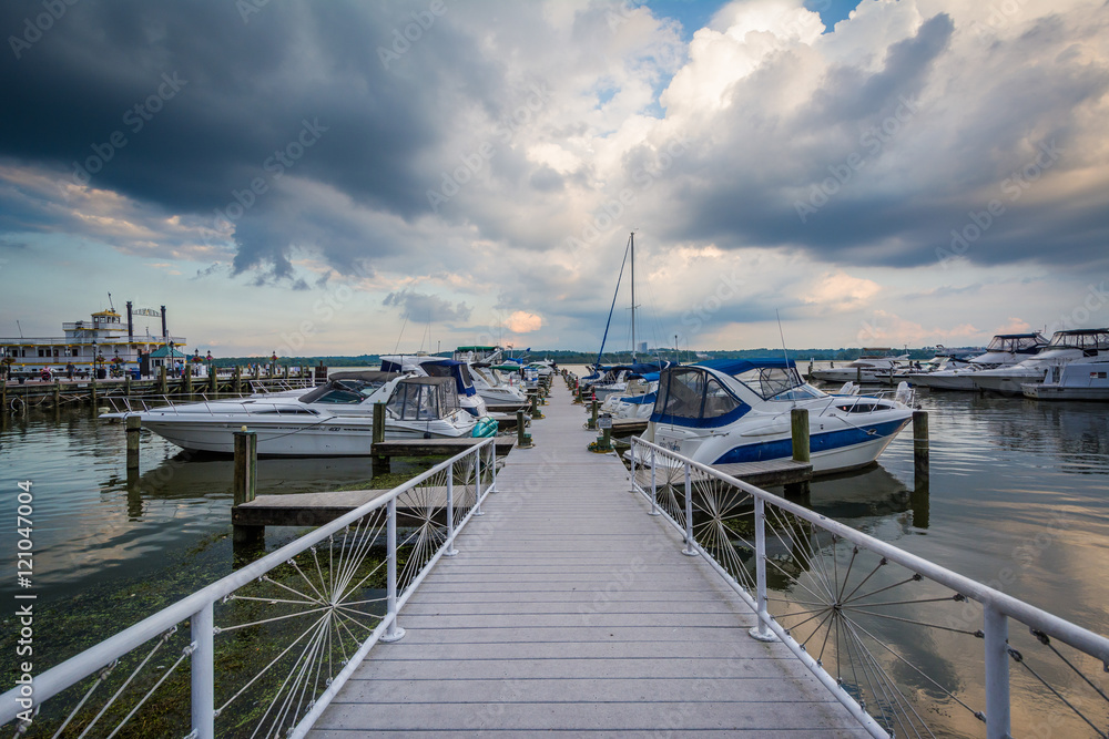 Fototapeta premium Pier and boats on the Potomac River waterfront, in Alexandria, V