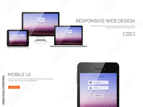 Vector illustration. Realistic laptop, tablet. Adaptive ui. Responcive web design.