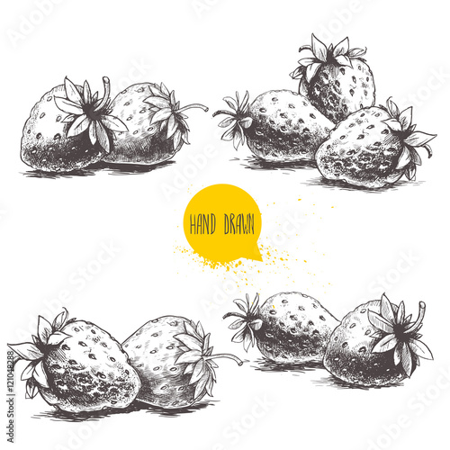 Set of hand drawn strawberries isolated on white background. Retro sketch style vector eco food illustration