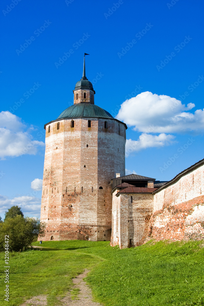 Fortress tower and wall of Kirillo-Belozersky monastery near City Kirillov, Vologda region, Russia
