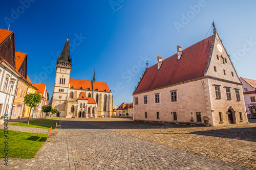 View of historic city center of Bardejov with town hall.
