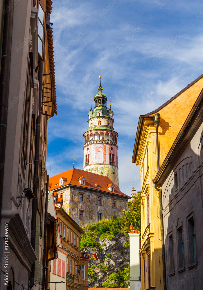 Fototapeta premium Aerial view of castle and houses in Cesky Krumlov, Czech republic. UNESCO World Heritage Site.