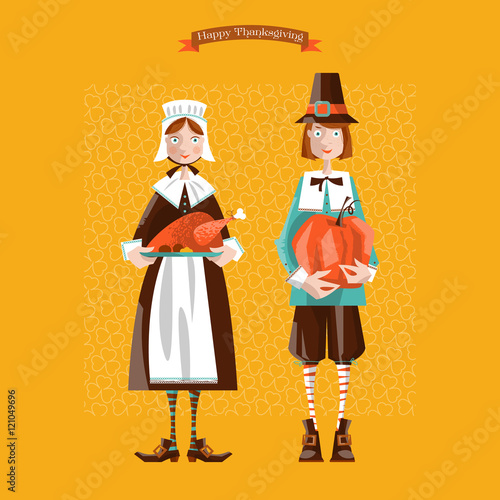 Pilgrim couple. Thanksgiving card.